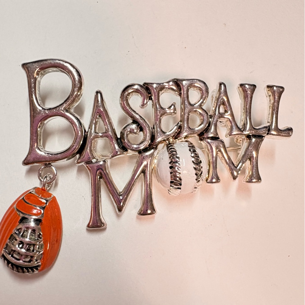 Elegant Silver tone and Orange enameled Baseball Mom Brooch